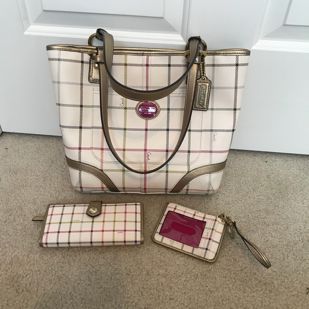 Coach tartan plaid purse, wallet, and card holder